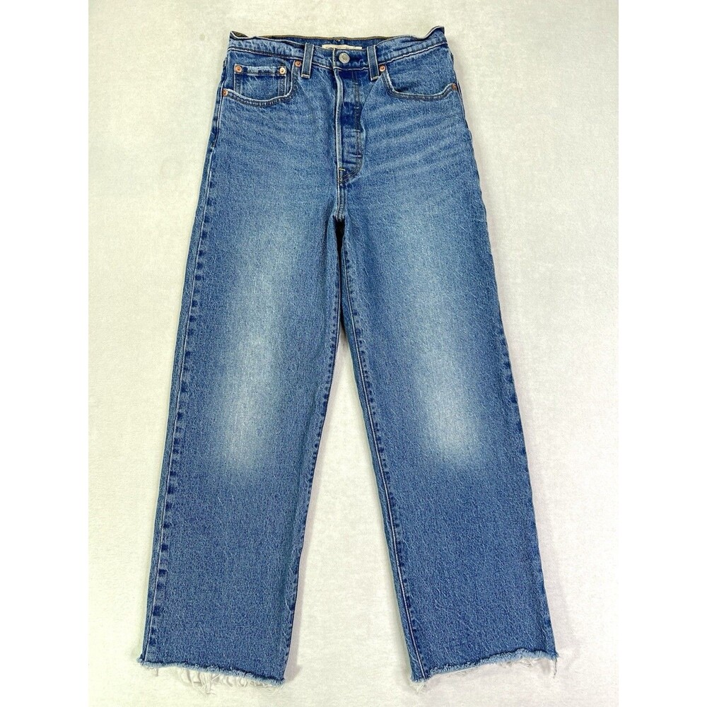 Levi's Premium Jeans Womens 27 Ribcage Straight Ankle Blue Denim Pants Raw Hem - Picture 1 of 12